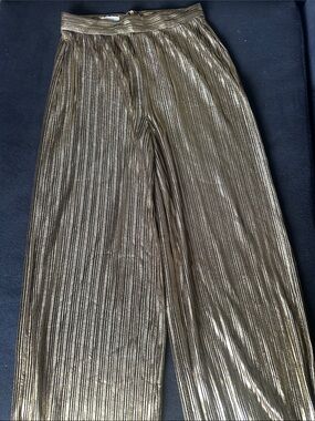 Gold Metallic Pleated Wide-Leg Trousers